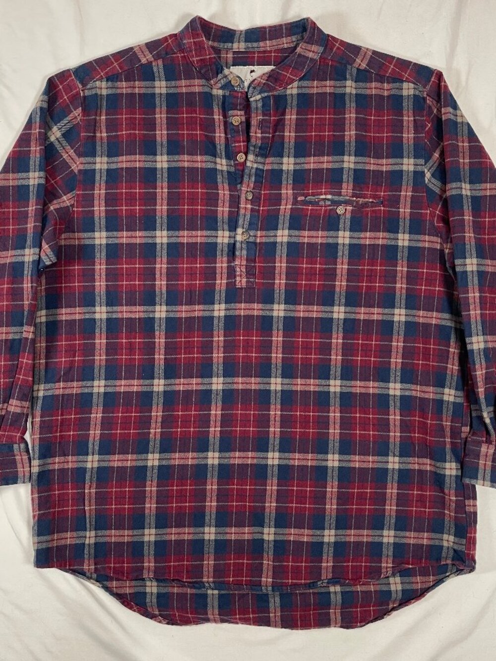 Lee Valley Flannel Grandfather Shirt Mens XL Red Blue Plaid Band Collar Ireland